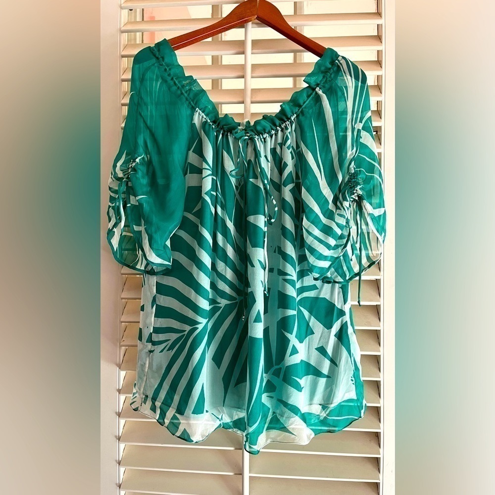 Milly Silk Palm Green Tropical Off Shoulder Top Sz 12